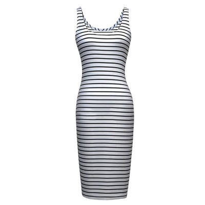 Stylish Scoop Neck Striped Design Sleeveless Bodycon Dress For Women